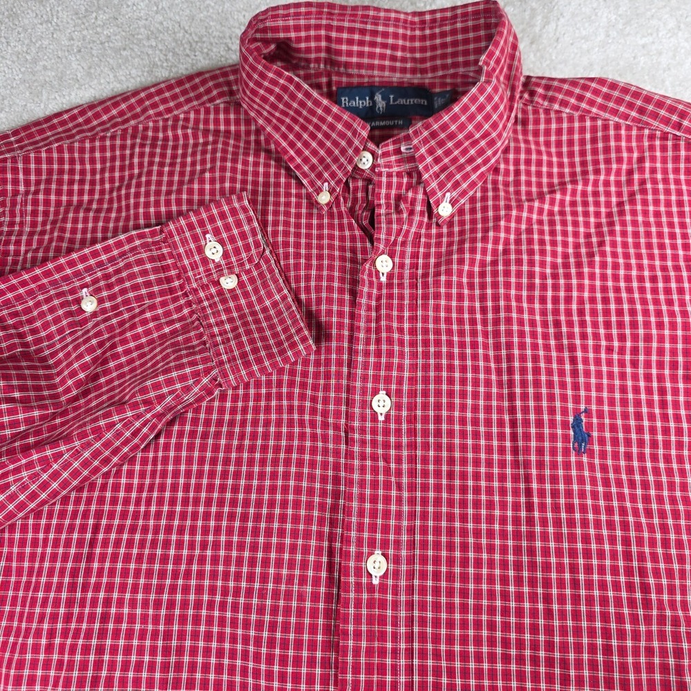 Ralph Lauren Dress Shirt Mens 17 34/35 Red Plaid Cotton Yarmouth Pony Logo